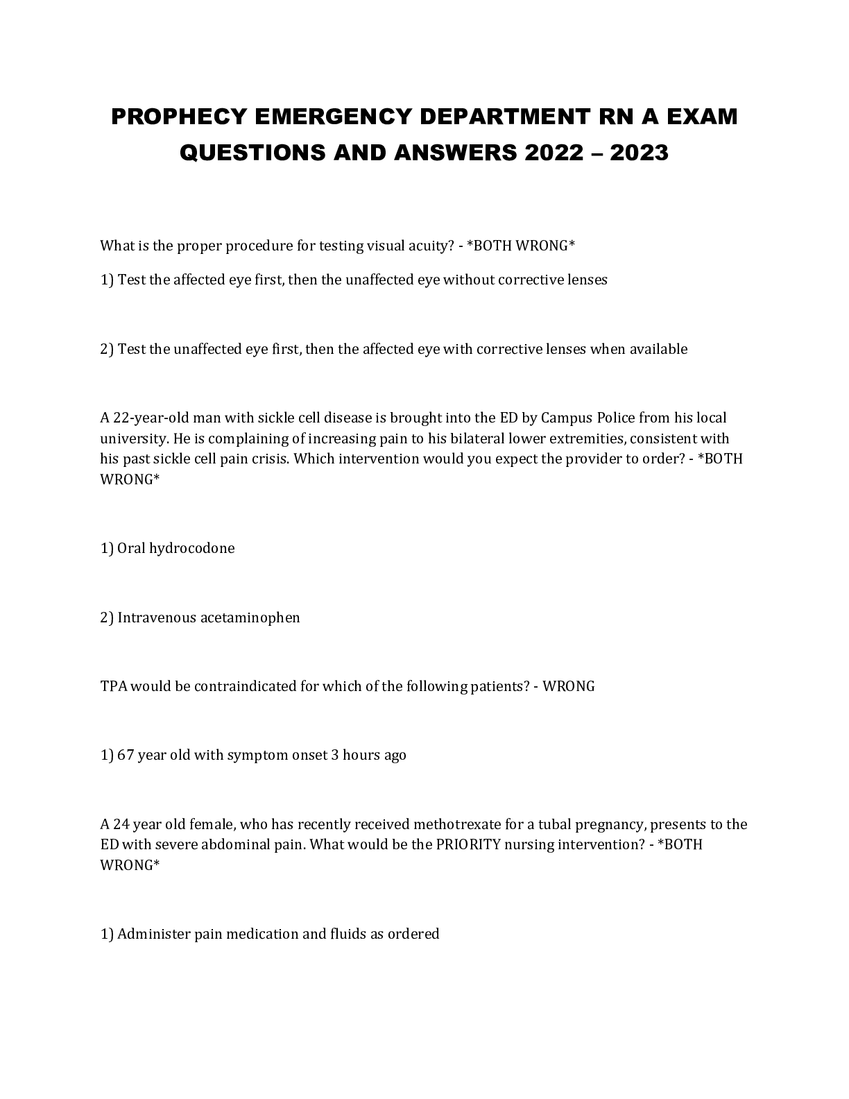 Preview image for PROPHECY EMERGENCY DEPARTMENT RN A EXAM QUESTIONS AND ANSWERS 2022 – 2023